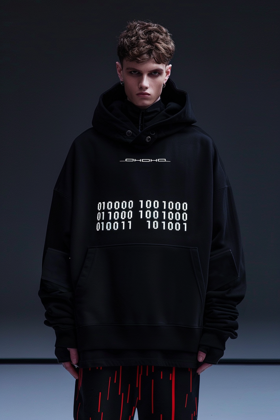 Binary Code Hoodie — black oversized hoodie with binary chest print
